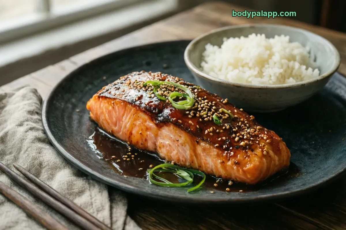 Salmon teriyaki, packaged, per label
