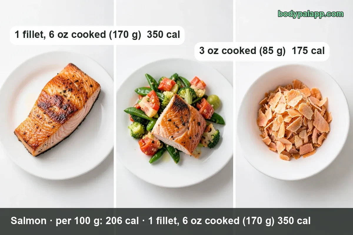 Baked salmon fillet with serving chips: 6 oz fillet (170 g) 350 cal and 3 oz (85 g) 175 cal.