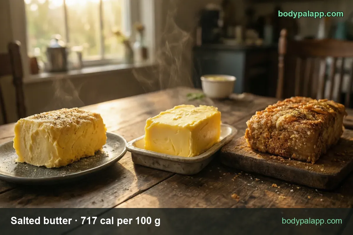 Salted butter blocks, one salt-flecked and one smooth with a cut edge, labeled 1 stick (113 g) 810 cal and 1 tbsp (14.2 g) 102 cal