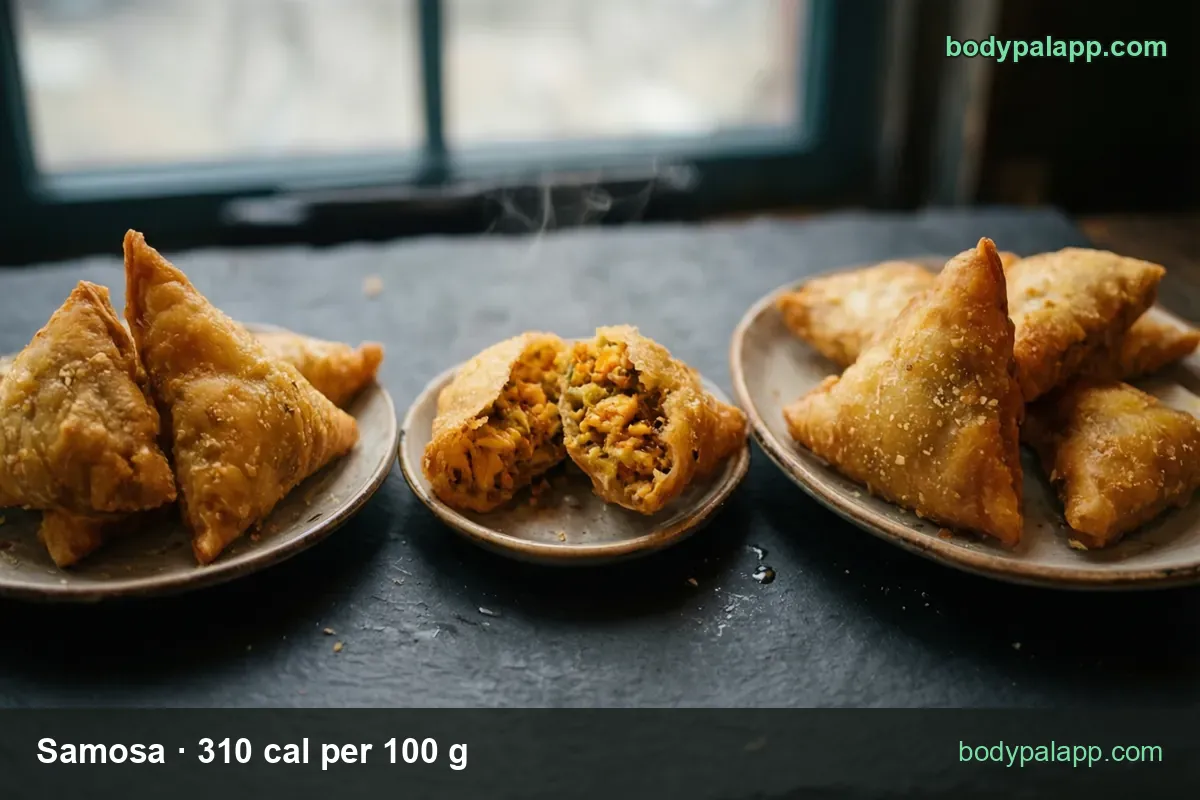 Three plates of fried samosas on a dark slab, one split in half showing potato filling; 1 samosa 310 cal, 1 small samosa 78 cal.