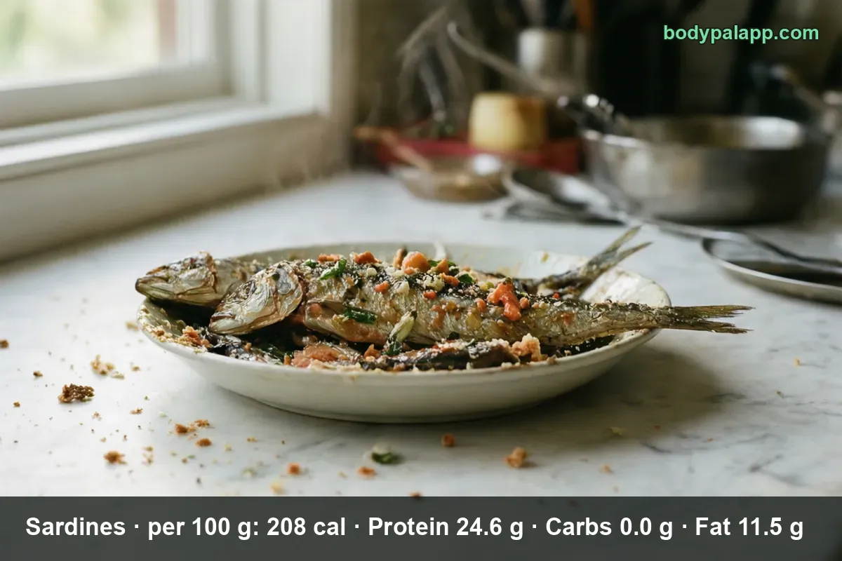 Plate of whole roasted sardines topped with herbs and breadcrumbs