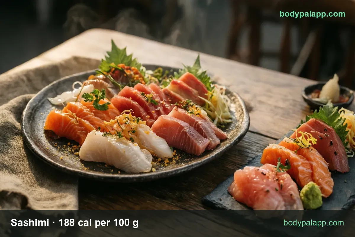 Assorted raw salmon, tuna and white fish sashimi with 3 oz 160 cal and 4 oz 212 cal labels.