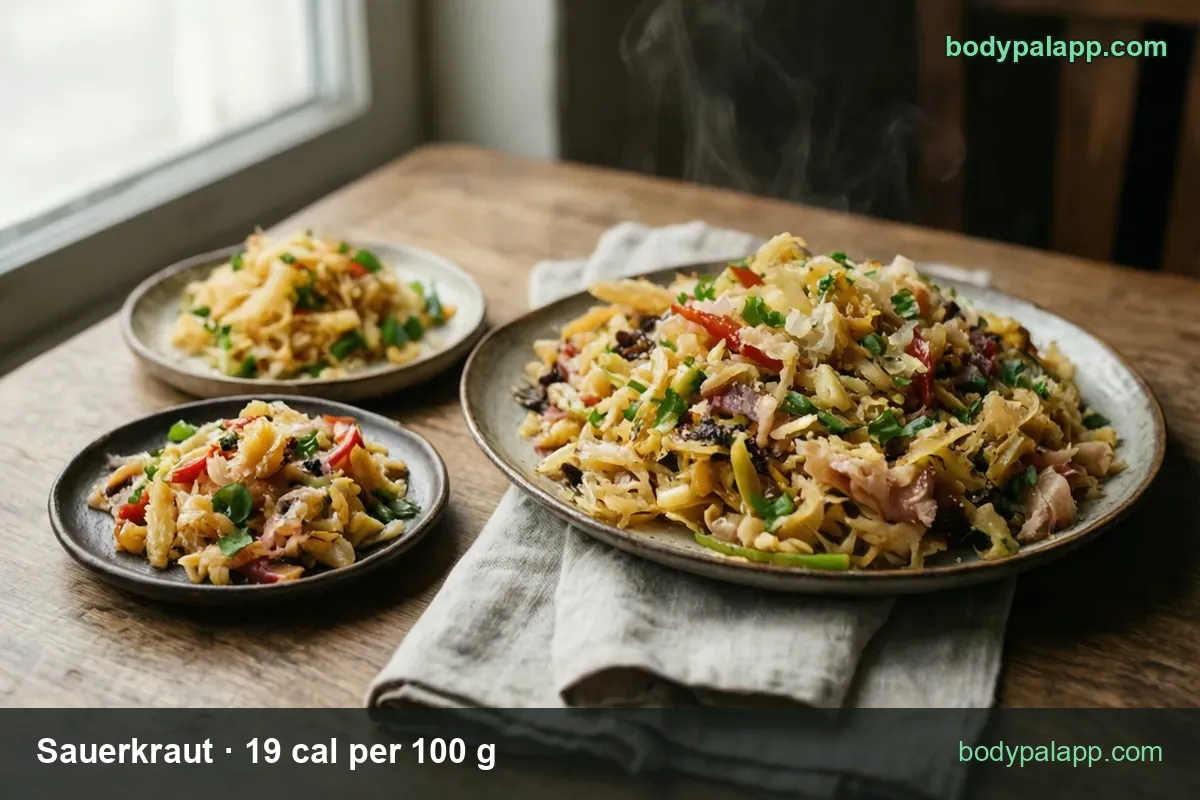 Platter of sauteed sauerkraut with red peppers, scallions and bacon plus two small plates; 1 cup 27 cal, 1/2 cup 13 cal.