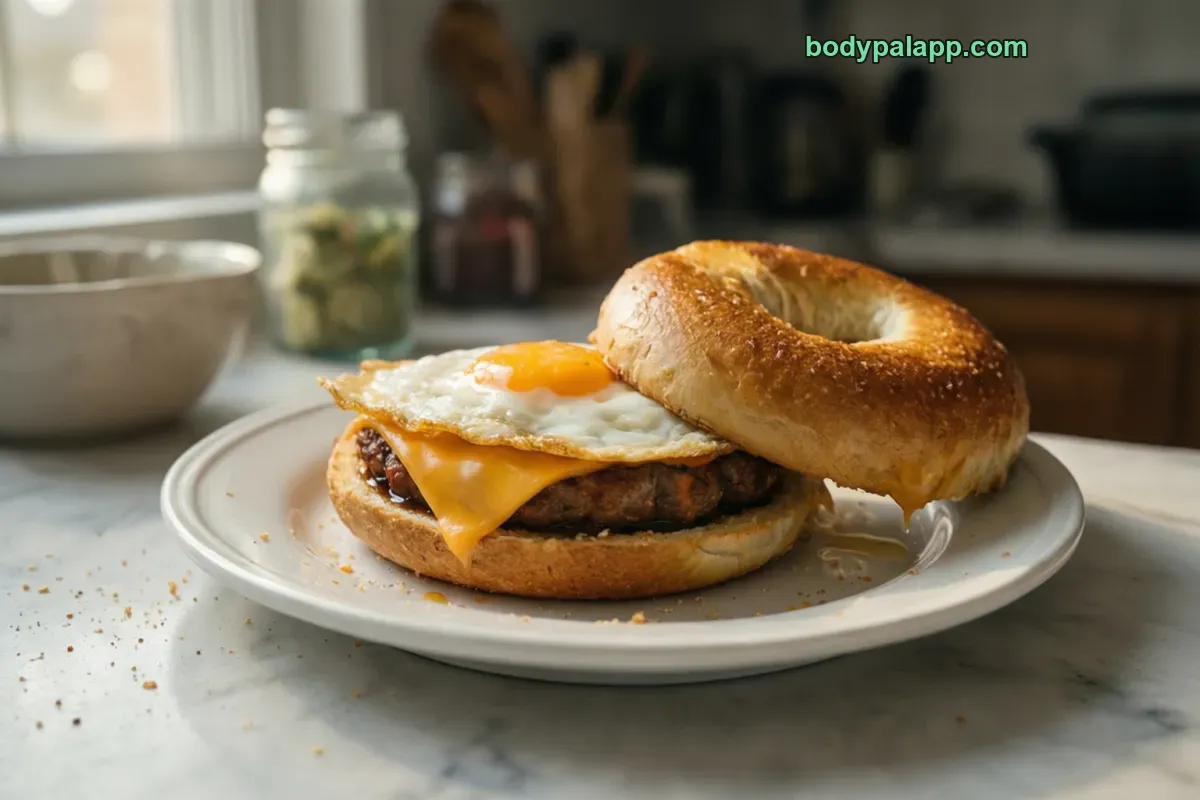 Sausage egg and cheese bagel, fast food