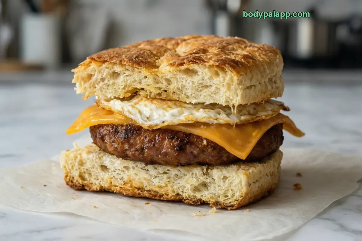 Sausage egg and cheese biscuit, breakfast sandwich