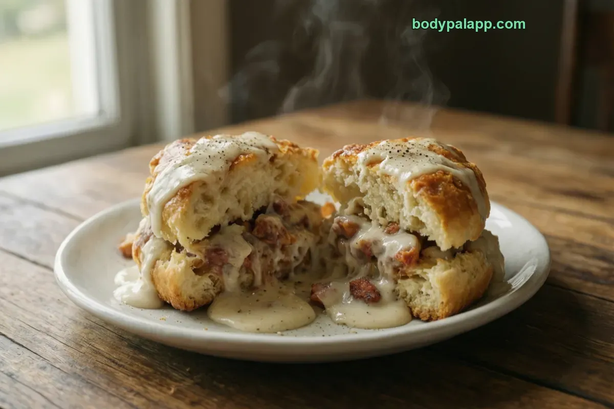 Sausage gravy and biscuit, biscuit with sausage gravy