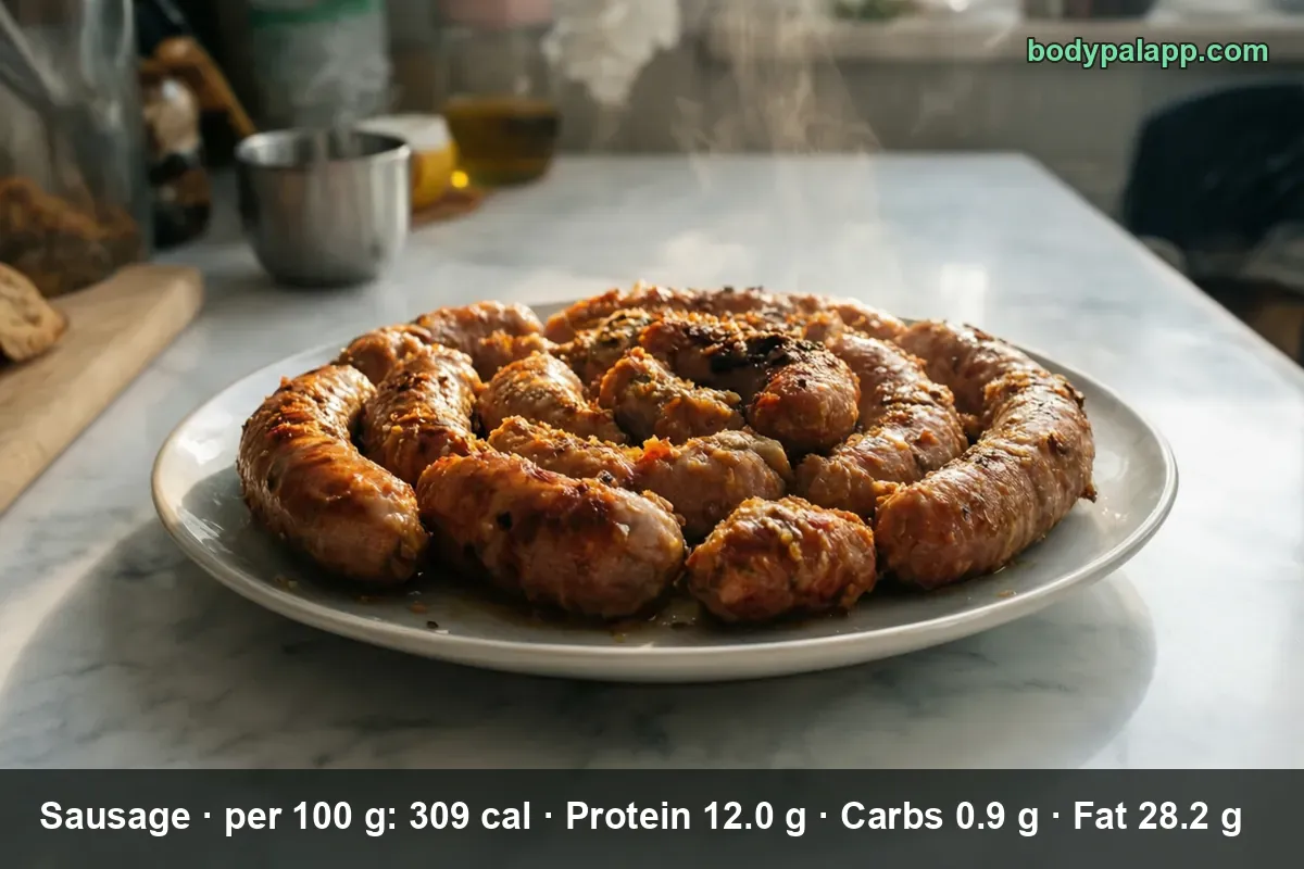 Coiled spiral pork sausage rope, uncut, viewed from above