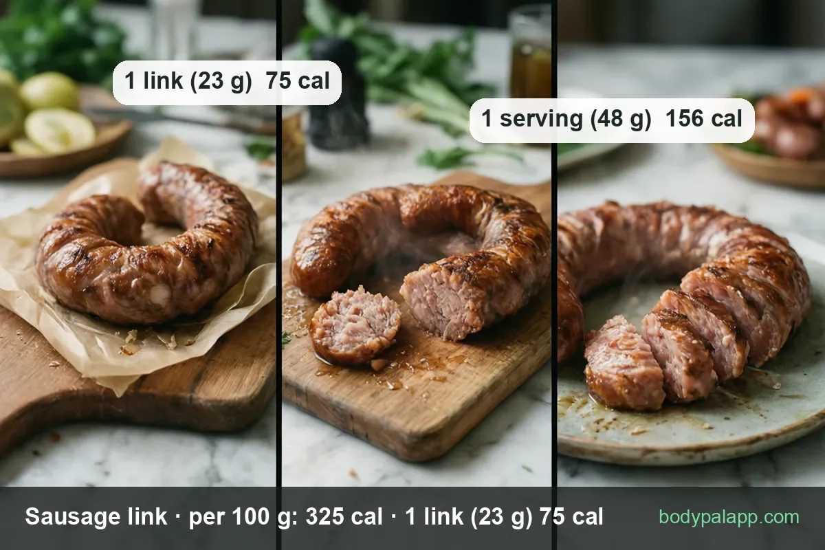 Baked sausage coil on a board, one slice cut, and slices on a plate - 1 link (23 g) 75 cal and 1 serving (48 g) 156 cal