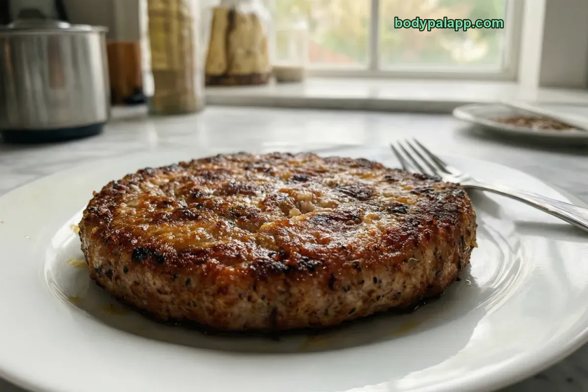 Sausage patty, pork, cooked, pan-fried