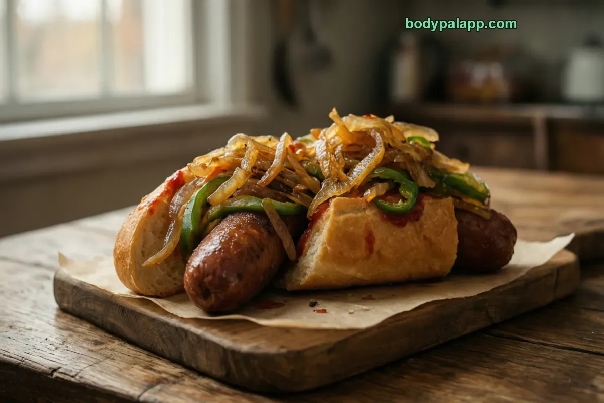 Sausage sandwich, Italian sausage on white bun