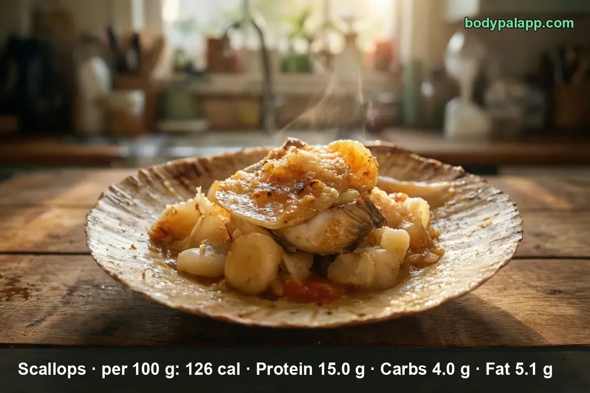 Large baked scallop on smaller scallop pieces in a shell with steam rising