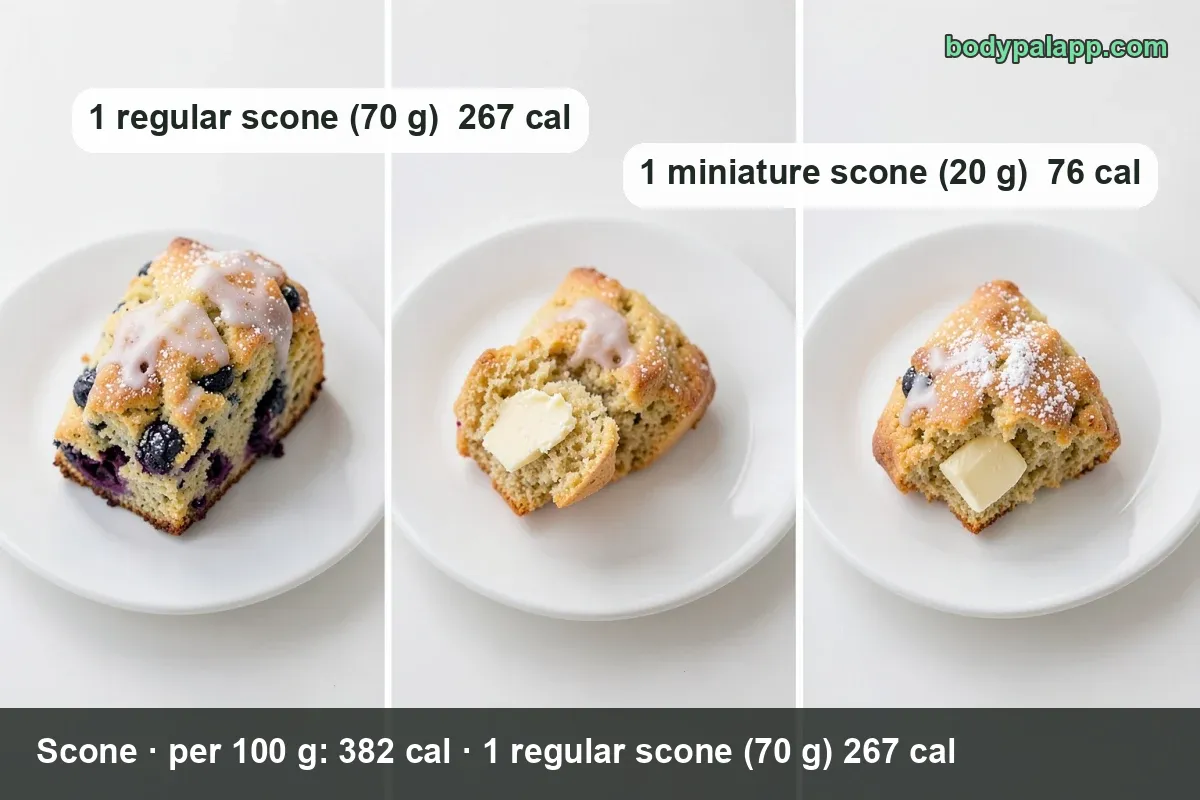 Ceramic plate with four scones, one halved with cream and red jam, and six scones on a metal rack; 70 g and 20 g servings.