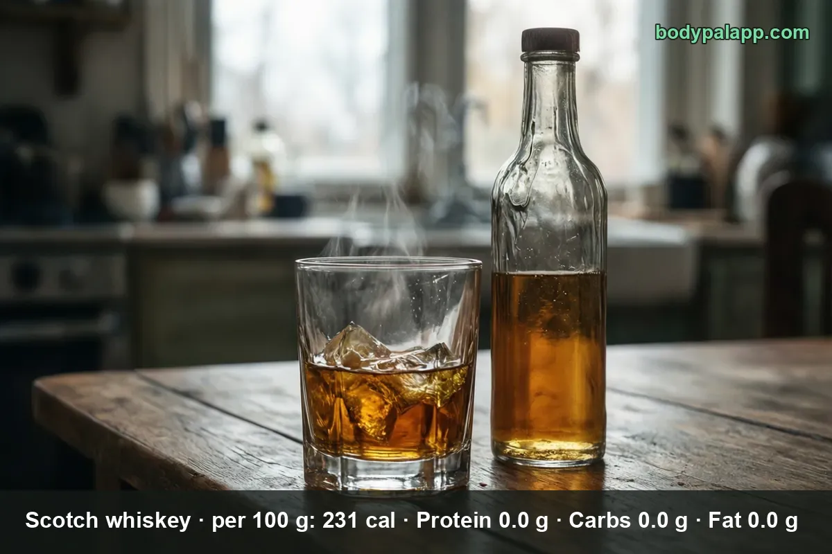 Rocks glass of scotch whiskey with ice beside an unlabeled bottle of amber spirit.