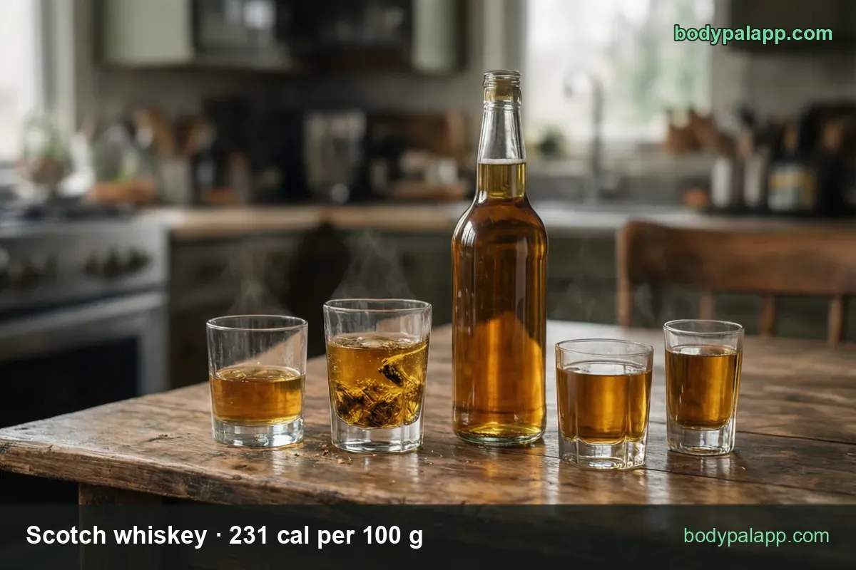 Long-necked bottle of amber whiskey with two rocks glasses and two tall glasses, one over ice: 1.5 fl oz shot 97 cal, 1 fl oz 64 cal.