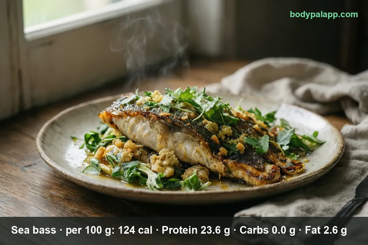 Seared sea bass fillet with crisp skin on a bed of green salad leaves with crumbs, steam rising.