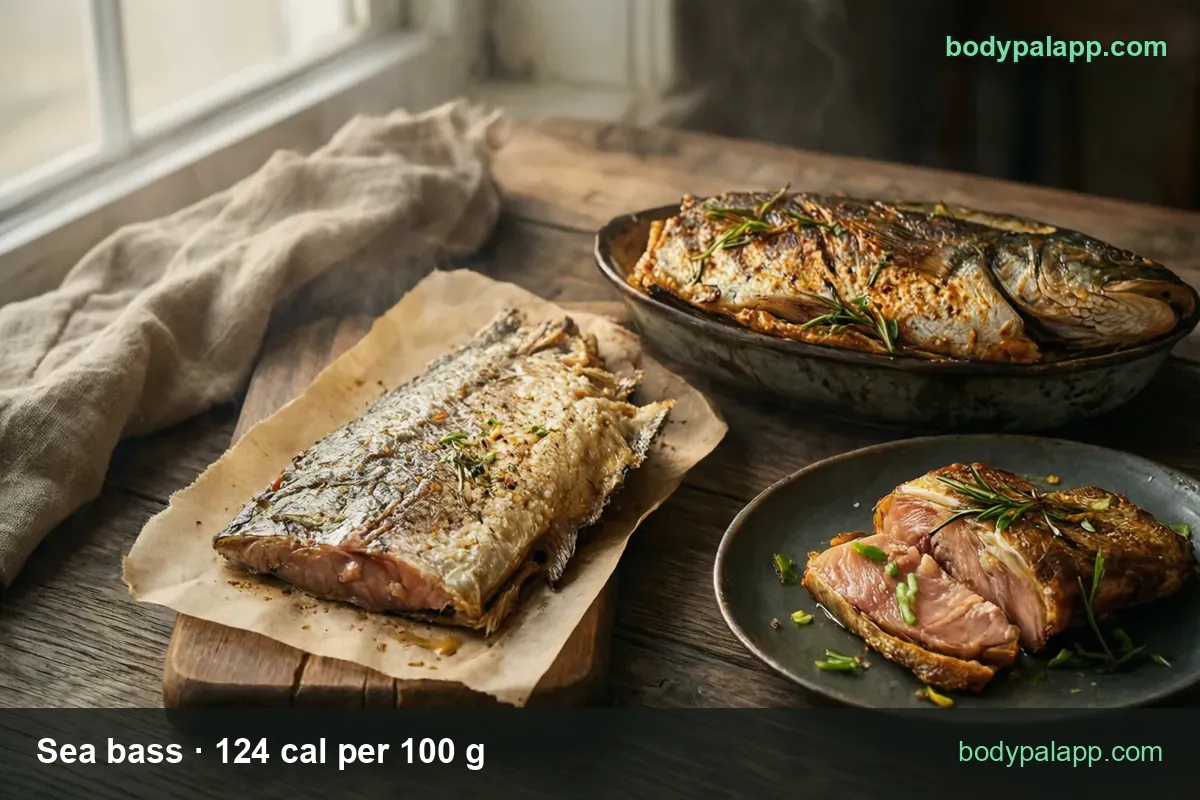 Whole roasted sea bass with rosemary, a skin-on fillet on parchment, and two thick pieces; 1 fillet 125 cal, 3 oz 105 cal.