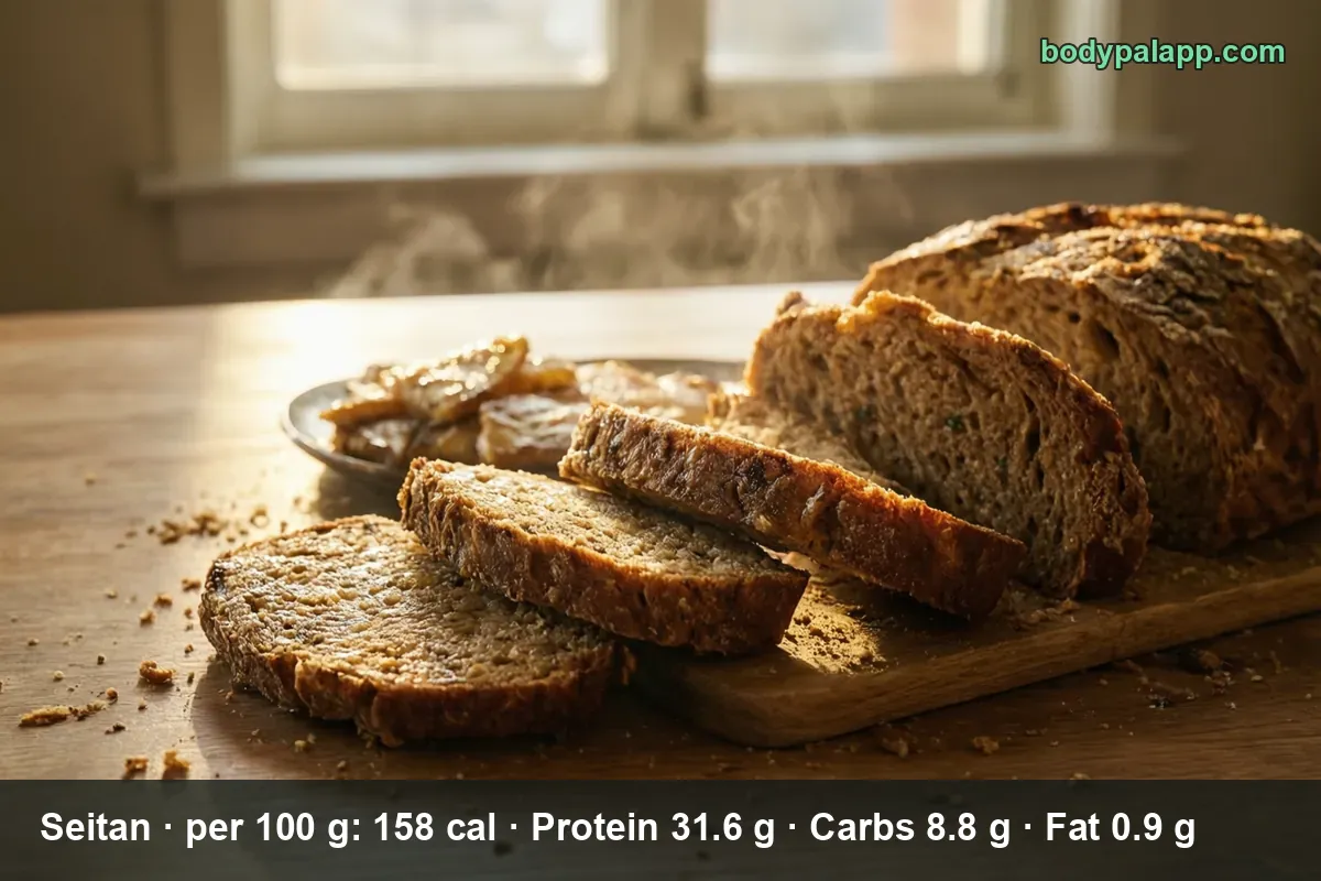 Loaf of seitan with three cut slices on a wooden board, looking like dense whole-wheat bread