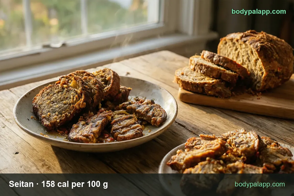 Sliced and grilled seitan with torn crispy pieces: 2 slices (57 g) 90 cal and 4 oz (113 g) 179 cal