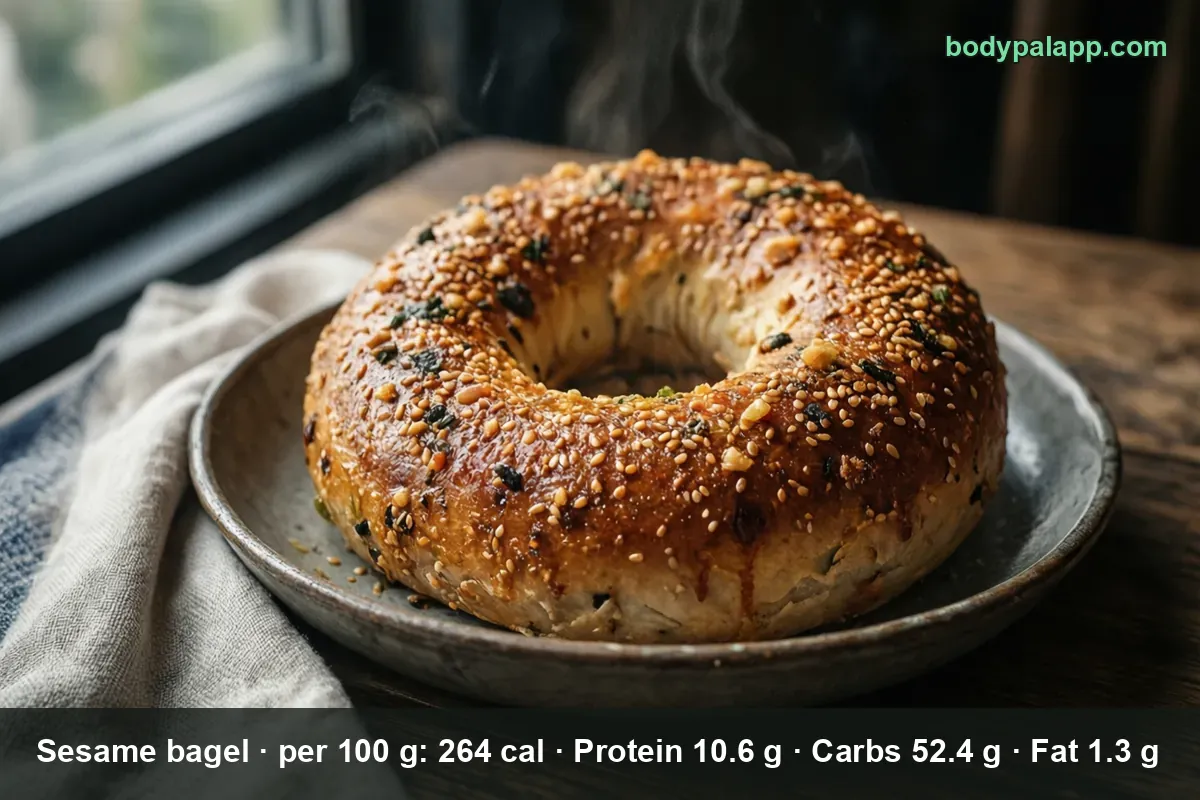 Close-up of one whole steaming bagel topped with sesame plus black seeds and green herbs