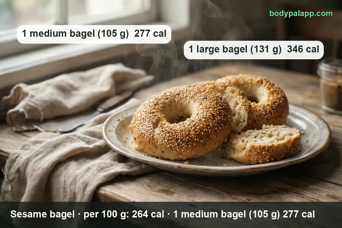 Plate with two whole sesame bagels, a cut half, knife and seed jar; 1 medium bagel (105 g) 277 cal, 1 large (131 g) 346 cal