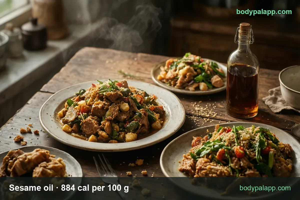 Unlabeled dark sesame oil bottle beside stir-fry plates with sesame; chips read 1 tbsp (13.6 g) 120 cal and 1 tsp (4.5 g) 40 cal