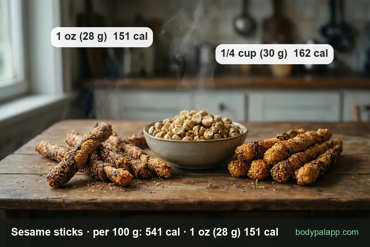 Two piles of sesame sticks beside a white bowl of roasted nuts, labeled 1 oz (28 g) 151 cal and 1/4 cup (30 g) 162 cal