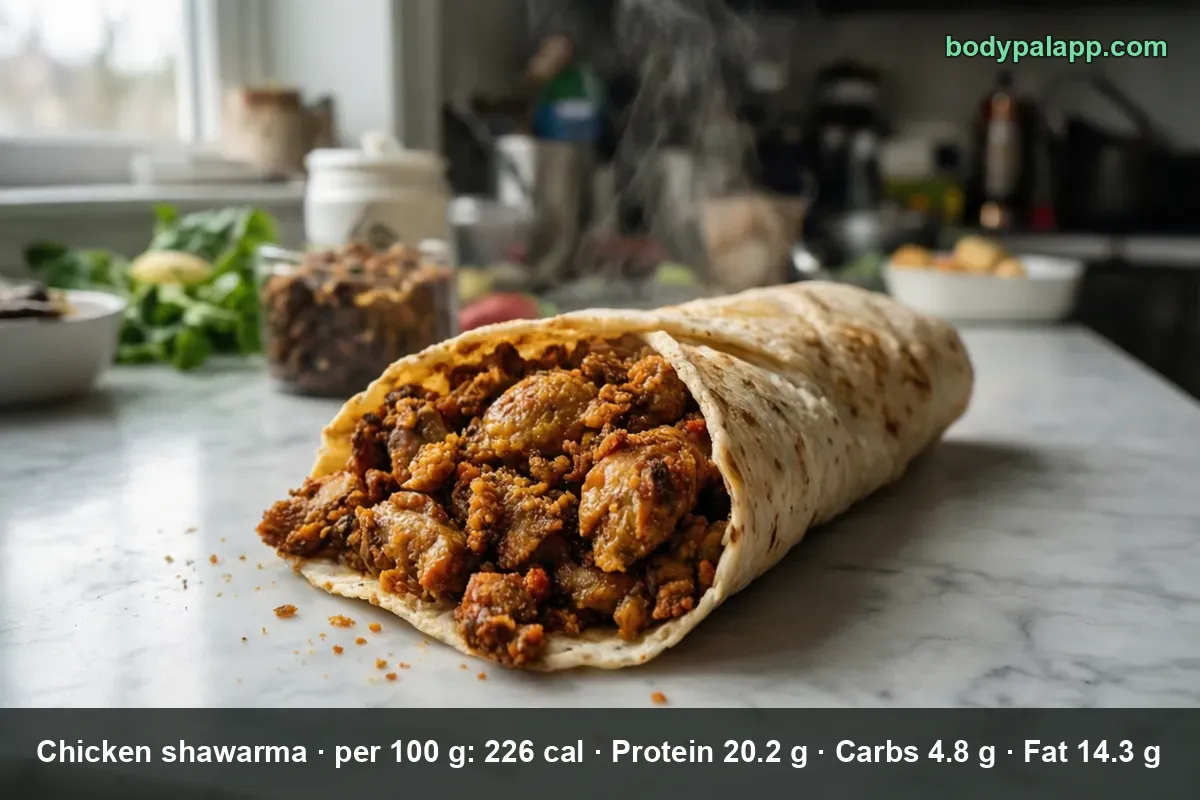 Folded chicken shawarma in thin flatbread, steam rising from the sliced meat inside