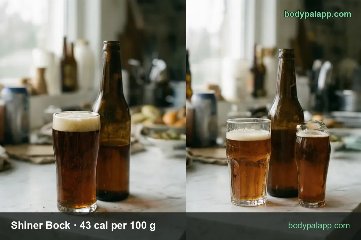 Amber beer in a tall glass and two smaller glasses with brown unlabeled bottles; chips show 12 fl oz 155 cal and 16 fl oz 206 cal