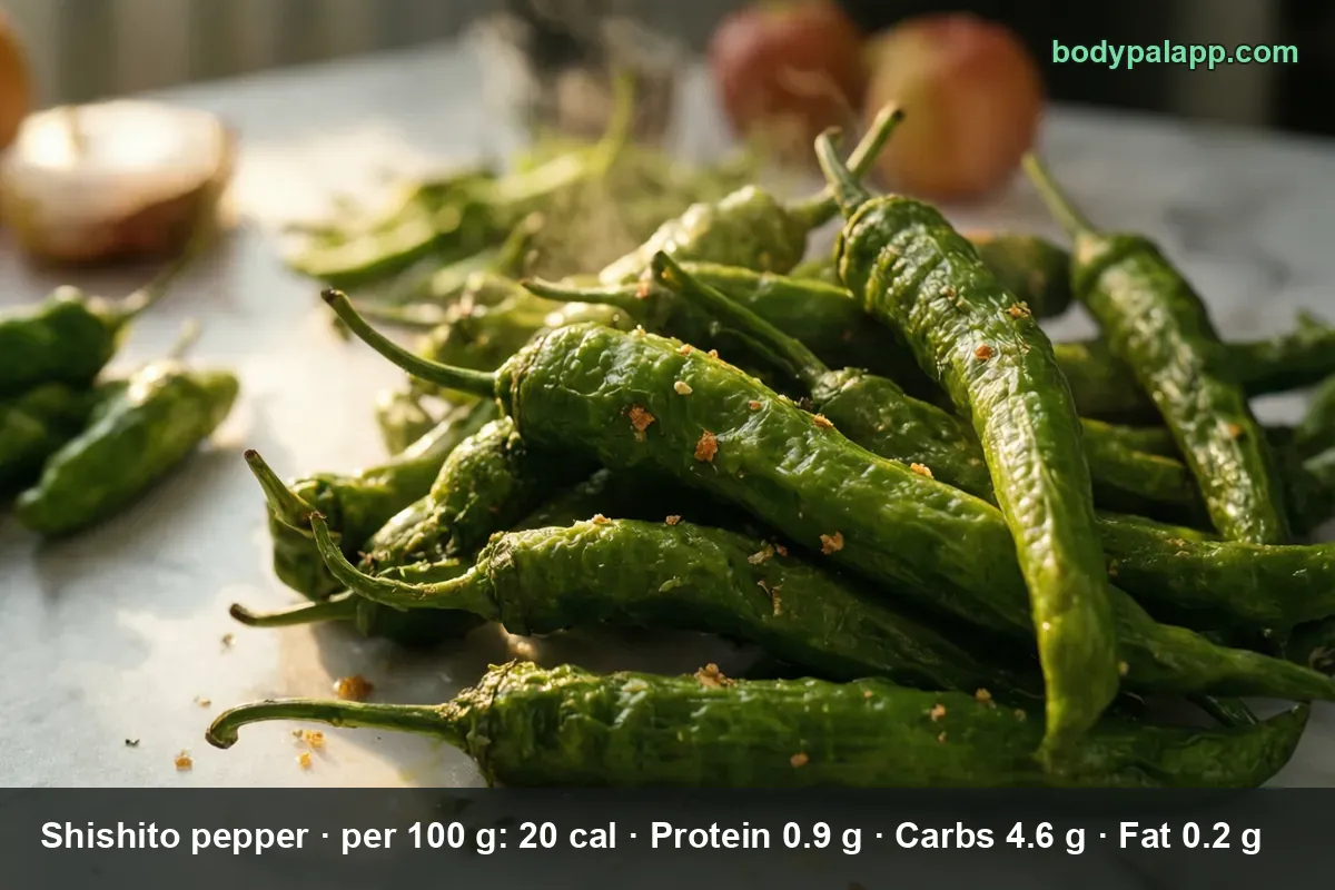 Pile of whole blistered shishito peppers with salt flakes and stems on a marble surface