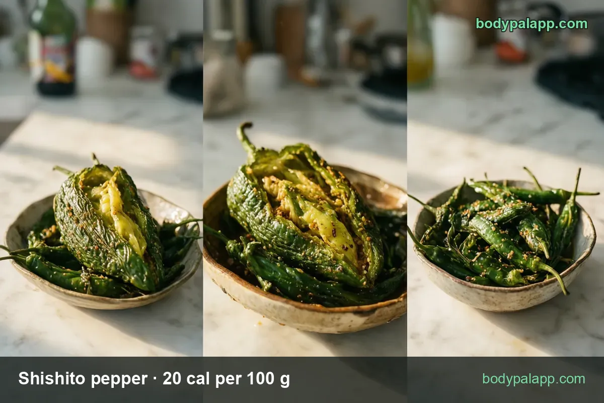 Bowls of blistered shishito peppers, one split open, with chips for 12 peppers (88 g) and 1 cup chopped (149 g)