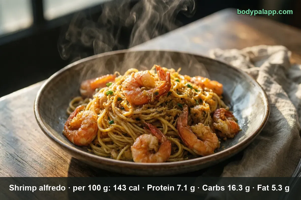 Bowl of thin spaghetti with seven shrimp in yellow garlic butter sauce with green onion, steam rising.