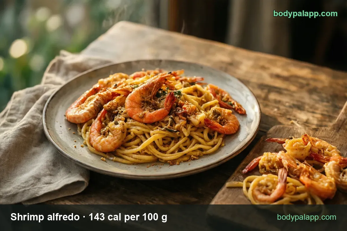 Plate of thick spaghetti with six shrimp in garlic butter sauce and a board with three shrimp; chips 1 cup 320 cal and 1.5 cups 480 cal.