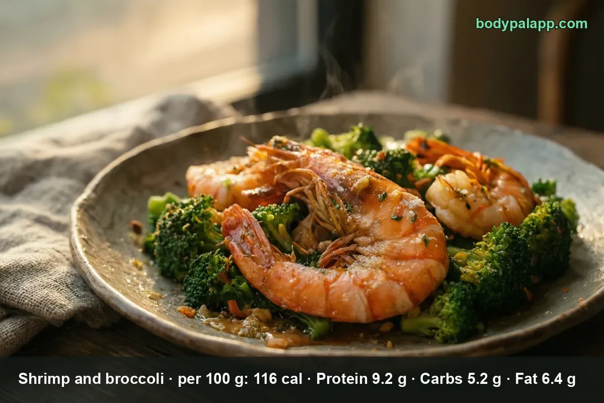 Three large cooked shrimp, one with shell pieces, resting on broccoli florets in a glossy sauce, steam rising from the plate.