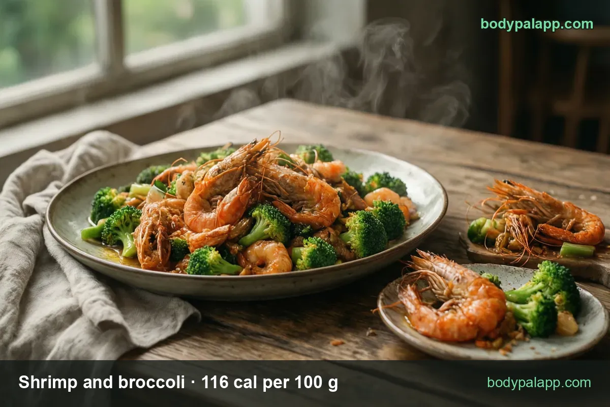 Platter of shrimp, some head-on, with broccoli in sauce on wood, plus a small plate of two shrimp; chips: 1 cup 252 cal, 4 oz 131 cal.