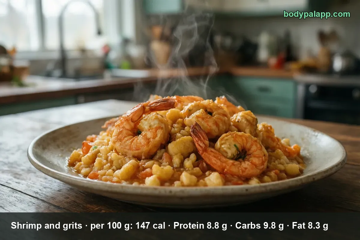 Plate of shrimp and grits, six shrimp over coarse orange corn grits in tomato sauce, steaming.