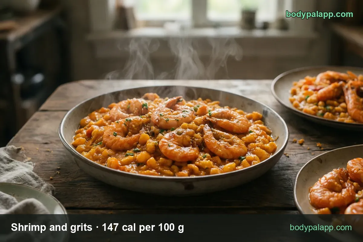 Six shrimp on coarse orange grits with parsley, two side plates; chips 1 cup (204 g) 300 cal and 1.5 cups (306 g) 450 cal.