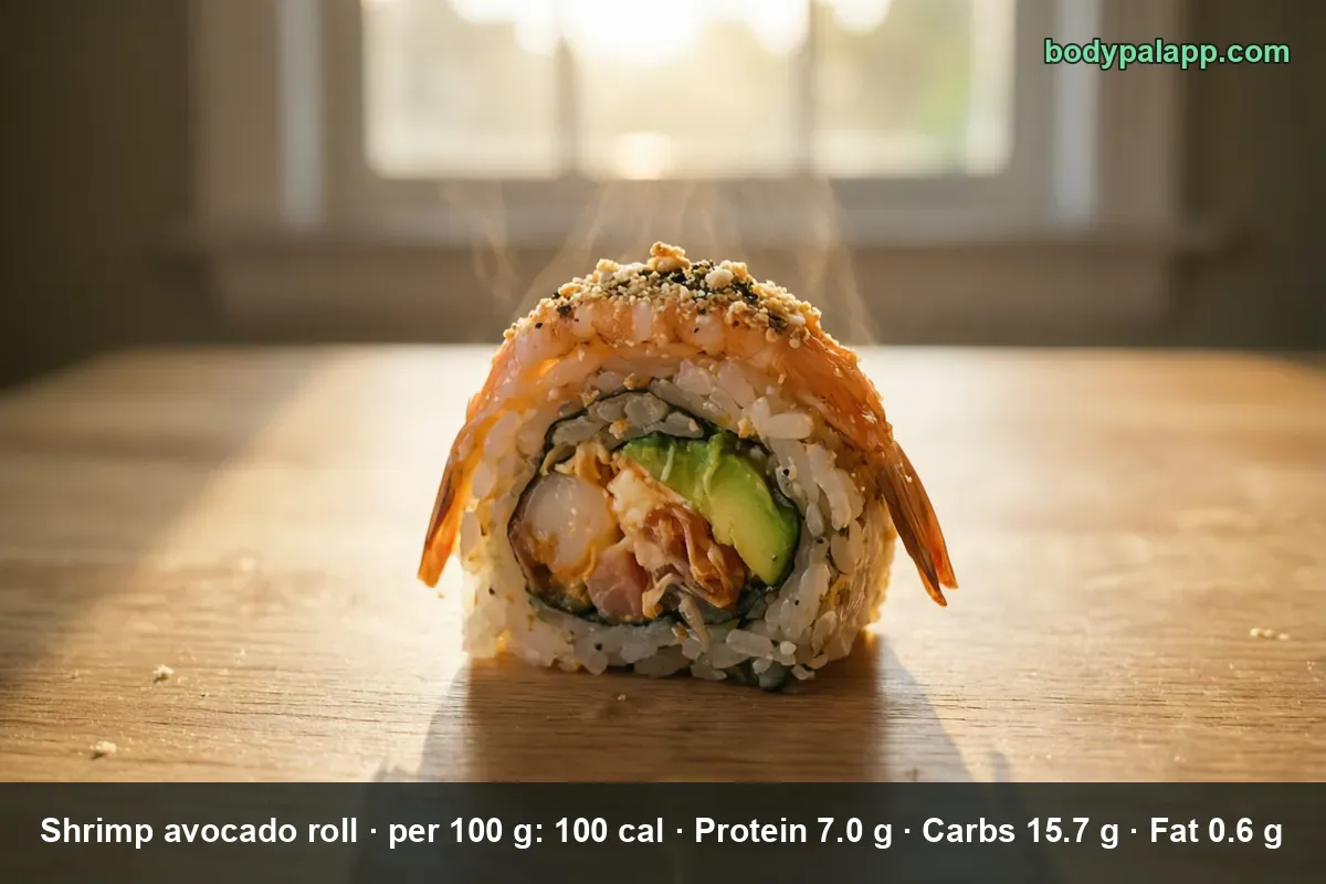 Cross-section of one shrimp avocado roll piece: rice, nori, shrimp and avocado inside, shrimp tail on top, sesame seeds.
