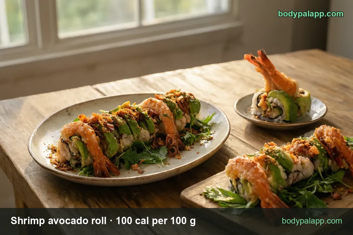 Oval plate with four shrimp avocado roll pieces on greens and a side plate with one piece; chips read 4 pieces 120 g and 1 piece 30 g.