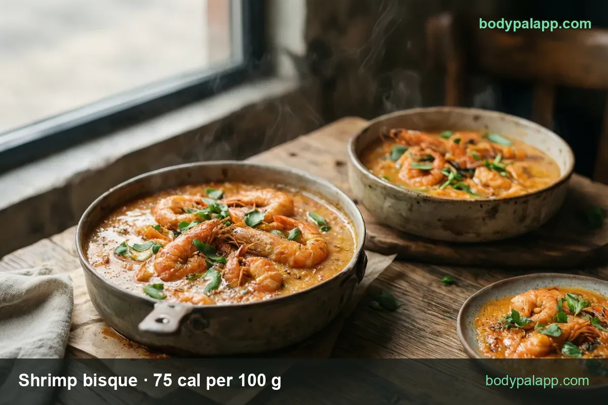 Pan and bowl of shrimp bisque with a small plate of two shrimp; 1 cup (255 g) 191 cal and 1/2 cup (127.5 g) 96 cal
