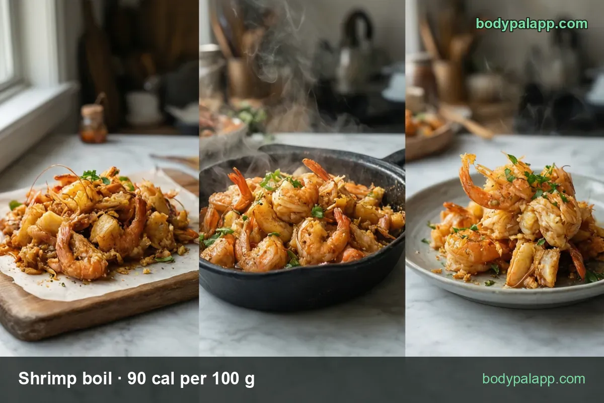 Shell-on shrimp with potato pieces in a cast-iron skillet, labeled 1 cup (135 g) 122 cal and 3 oz (85 g) 77 cal