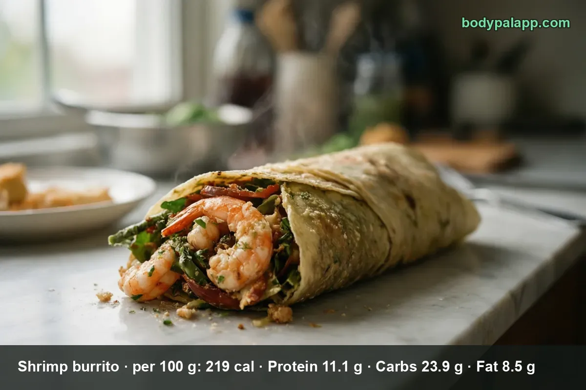 One open shrimp burrito with shrimp and greens on a marble counter, steam rising