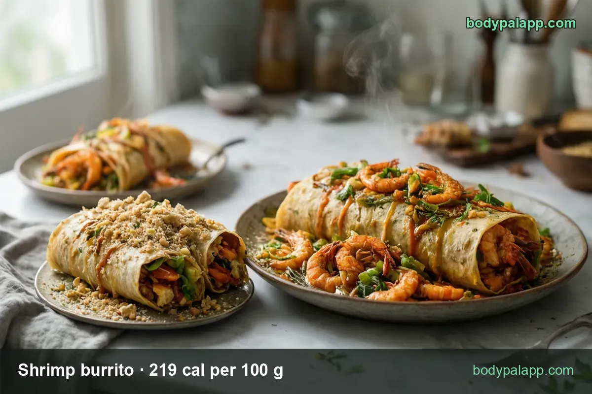 Three shrimp burritos on two plates, the front one cut open with whole shrimp; chips read 1 burrito 220 g 482 cal and 1 large 330 g 723 cal