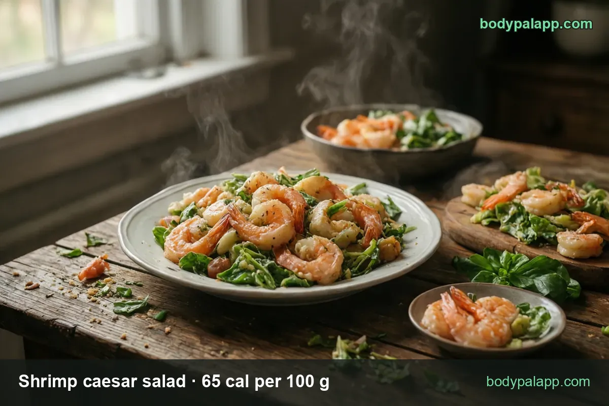 Shrimp caesar salad plate with dressing, bowl of the same salad, board of shrimp and romaine, small bowl with two shrimp; 1 salad 244 g and 1 cup 95 g