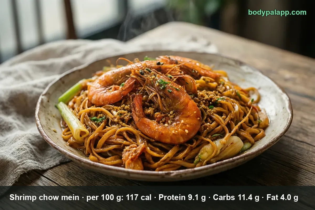 Plate of shrimp chow mein noodles topped with three whole head-on shrimp and onion, steam rising