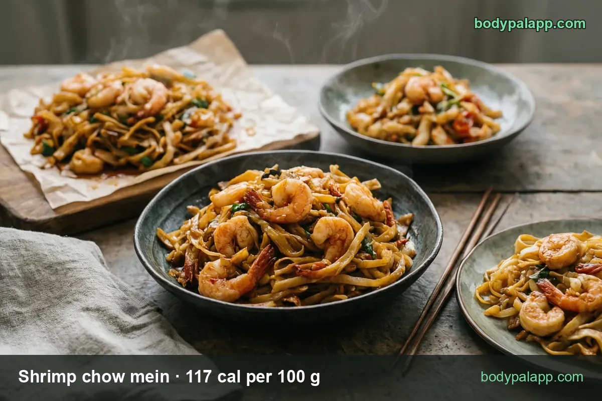 Bowls and a plate of shrimp chow mein noodles with peeled shrimp and chopsticks, 1 cup 257 cal and 1/2 cup 129 cal