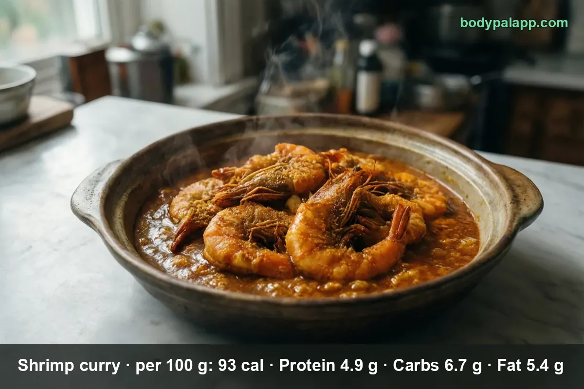 Clay pot of shrimp curry with whole head-on shrimp in a thick orange sauce, steaming
