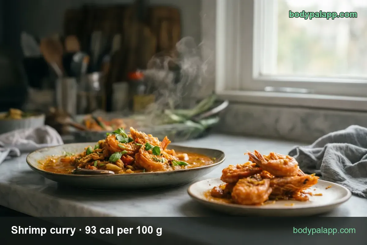 Shallow plate of orange shrimp curry with basil and a small dish of shrimp in sauce; 1 cup (240 g) 223 cal, 1/2 cup (120 g) 112 cal