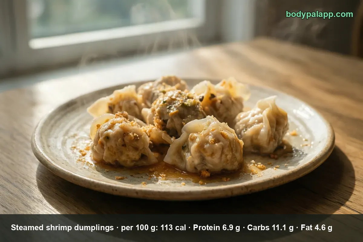 Plate of six open steamed shrimp dumplings topped with sauce and a crisp sprinkle