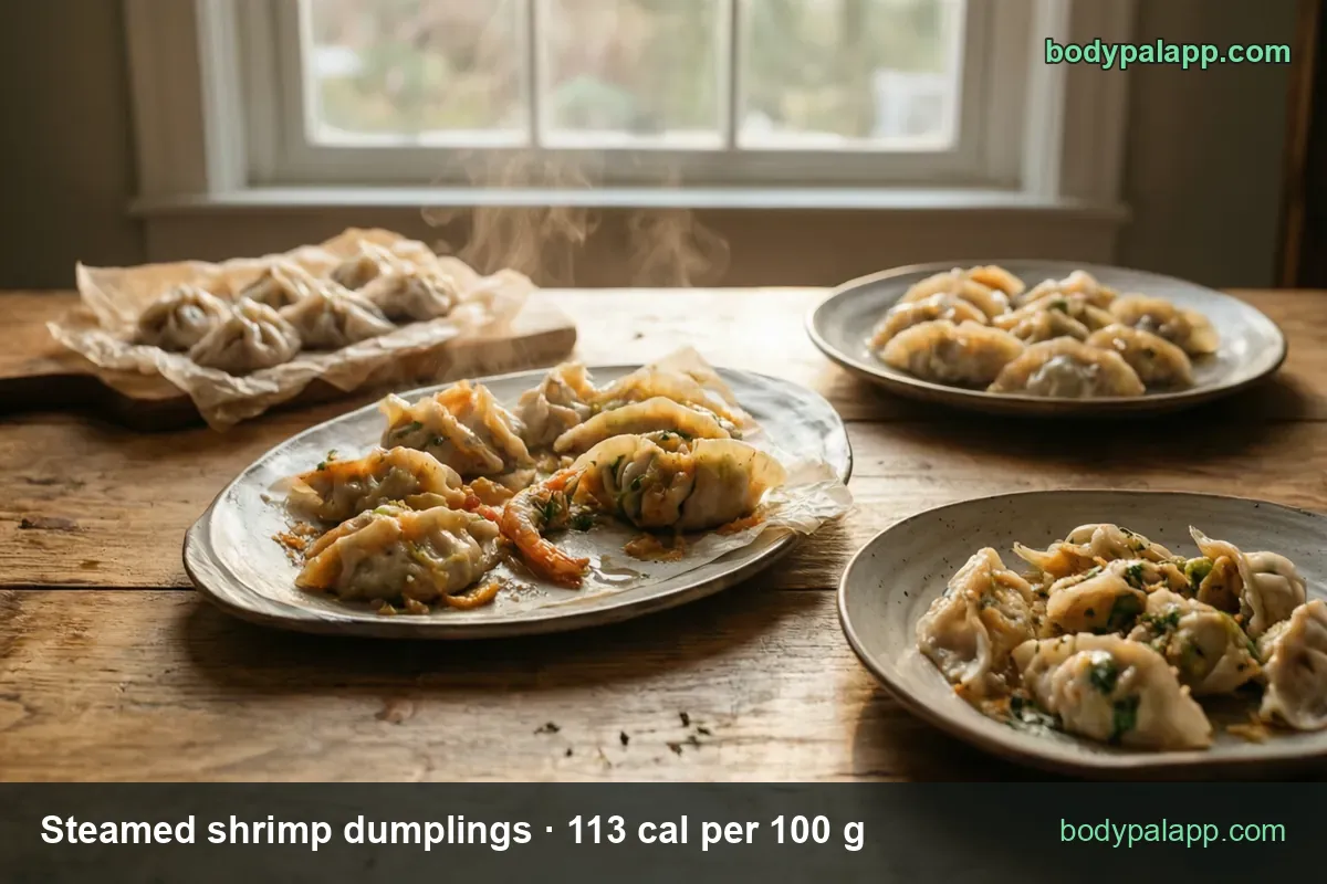 Steamed shrimp dumplings on plates and on a board, labeled 6 dumplings 150 g 170 cal and 1 dumpling 25 g 28 cal