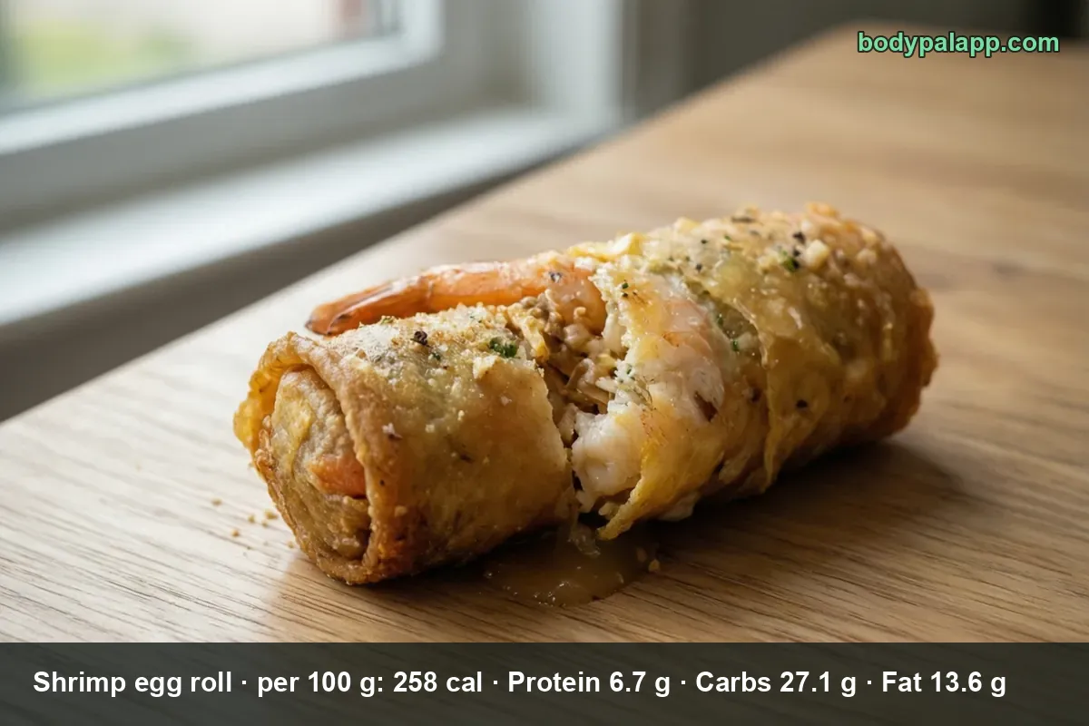 Shrimp egg roll cut open on a wooden board, whole shrimp visible inside and dipping sauce running out